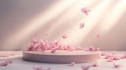 Poster - Empty 3D podium with delicate pink petals scattered across the top, illuminated softly, isolated on white
