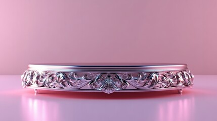 Poster - Empty 3D podium with intricate silver accents, illuminated with soft pink lighting for Valentine's Day, isolated on white 