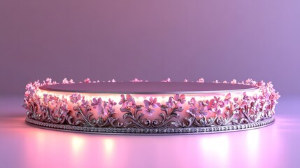 Poster - Empty 3D podium with intricate silver accents, illuminated with soft pink lighting for Valentine's Day, isolated on white 