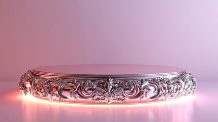 Poster - Empty 3D podium with intricate silver accents, illuminated with soft pink lighting for Valentine's Day, isolated on white 
