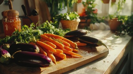 Wall Mural - Fresh carrots and eggplants on kitchen counter in sunlit rustic kitchen