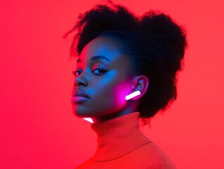 Poster - Futuristic Neon Portrait of African American Woman with Modern Lighting Effects