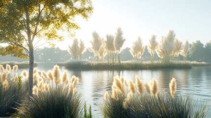 Wall Mural - Serene sunrise over pampas grass lake