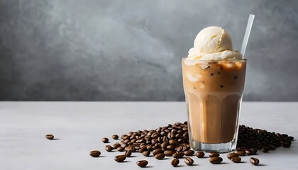 Wall Mural - A glass of iced coffee topped with a scoop of vanilla ice cream and coffee beans scattered on the side, presenting a perfect summer beverage.