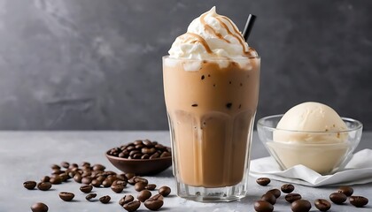 Wall Mural - A glass of iced coffee topped with a scoop of vanilla ice cream and coffee beans scattered on the side, presenting a perfect summer beverage.