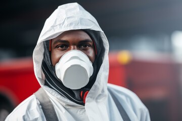 Poster - Portrait of a scientist wearing a protective suit and mask, ensuring safety and hygiene in a laboratory environment