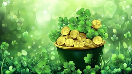 Wall Mural - Pot of gold coins with shamrocks in lush green meadow background