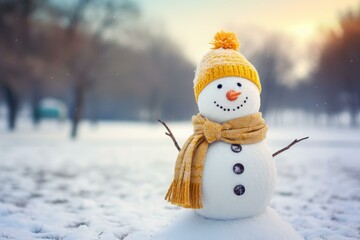 Poster - Smiling snowman with yellow hat and scarf stands in snowy park during beautiful winter day