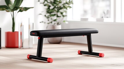 Black weight bench with red accents in a bright room.