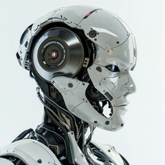 Poster - White humanoid robot with visible mechanical parts is turning his head
