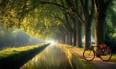 Canvas Print - Sunlit canal path, bicycle, morning mist, idyllic scenery, travel poster