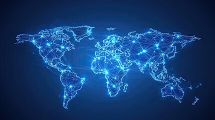 abstract global network concept with a world map and glowing connection lines on a dark blue backgro