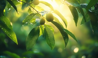 Sticker - Sunlit green plums on branch, forest background