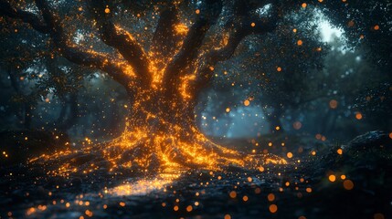 Wall Mural - Glowing tree in dark forest.