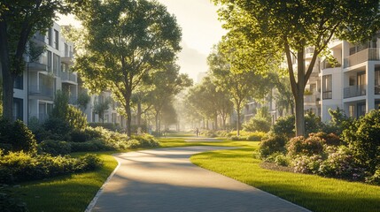 Canvas Print - Sunny path, green apartments, morning walk, tranquil setting; ideal for real estate