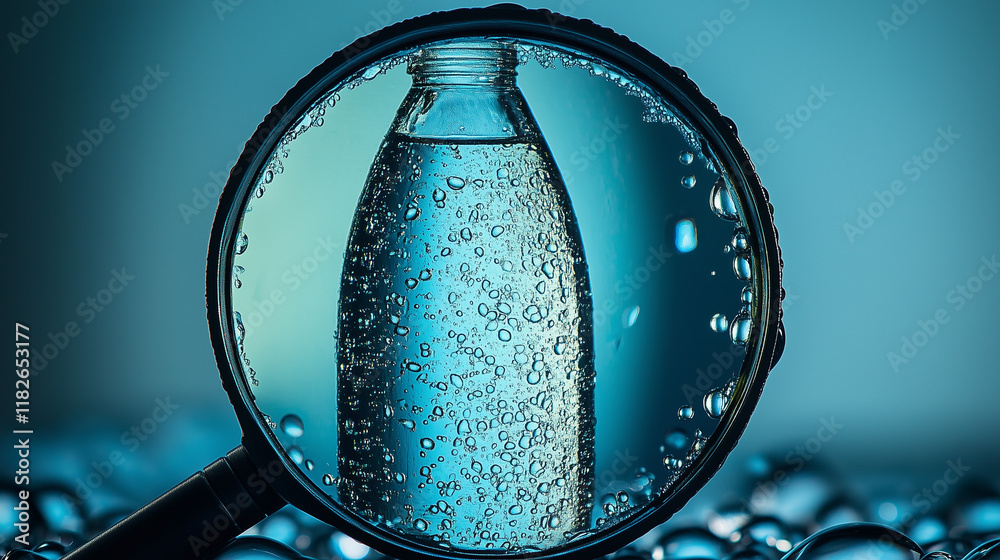 Magnified view of water bottle through glass lens. Drinking water ...