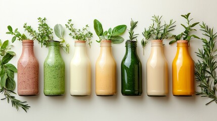 Canvas Print - Colorful assortment of plant-based smoothies with fresh herb garnishes