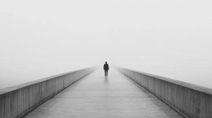 Wall Mural - solitary figure walking on a long, foggy bridge.