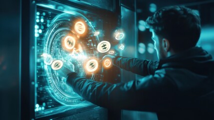 Poster - Digital interaction with futuristic technology at night in a cybernetic environment