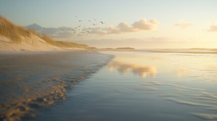 Poster - Sunset beach birds flying dune reflections peace