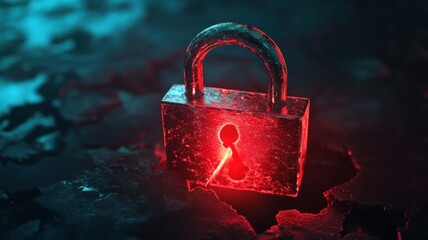 Poster - Red glowing padlock illuminated against a dark, textured background in a digital or abstract environment