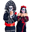 © Krakenimages.com - Young couple wearing mexican day of the dead costume over background laughing nervous and excited with hands on chin looking to the side