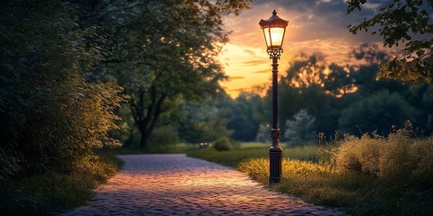 Canvas Print - Sunset park path lamp post. Peaceful evening scene