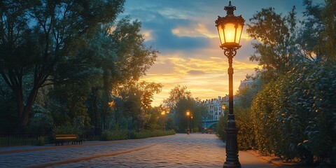 Canvas Print - Sunset park path lamppost, city buildings background