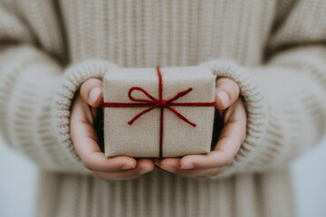 A person is holding a gift with a red ribbon tied around it