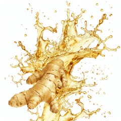 Poster - Close up shot of a fresh ginger root getting splashed with juice, isolated on a white background