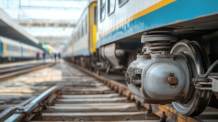 Close-up of a train wheel assembly on railway tracks, showcasing mechanical details and minimalistic design