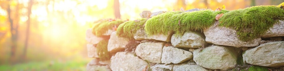 Poster - Sunlit Moss-Covered Stone Wall Embracing Natures Tranquility in Soft Morning Light