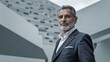 © GS-Studio - Confident Executive: A mature, distinguished businessman exudes confidence and leadership in a stylish suit, standing against a sleek architectural backdrop. The image evokes a sense of power.