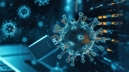 Poster - Digital representation of a virus interacting with a USB drive in a futuristic data environment