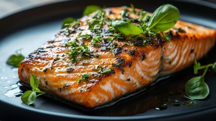 Sticker - A minimalistic gourmet dish featuring a seared salmon fillet garnished with fresh herbs on a black plate