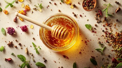 Sticker - A jar of golden honey with a wooden honey dipper, surrounded by colorful herbs and spices on a textured surface