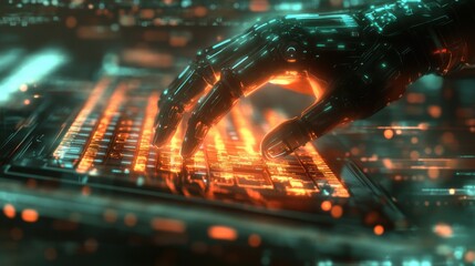 Poster - Futuristic hand interacting with a glowing keyboard in a digital environment conveying technology and innovation