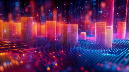 Leinwandbilder - Futuristic Cityscape: Illuminated Towers and Data Waves