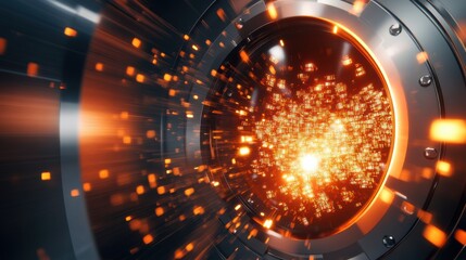 Poster - Light emission accelerates through a circular portal creating dynamic visual effects and energy patterns