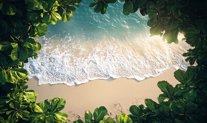 Wall Mural - Tropical beach aerial view; waves, sand, foliage frame