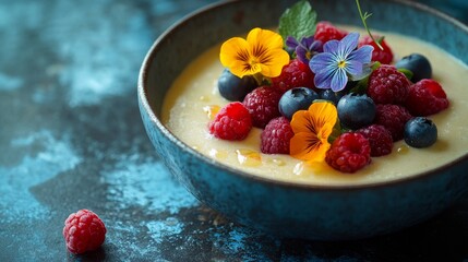 Sticker - A vibrant smoothie bowl topped with fresh raspberries, blueberries, and edible flowers in a textured blue bowl