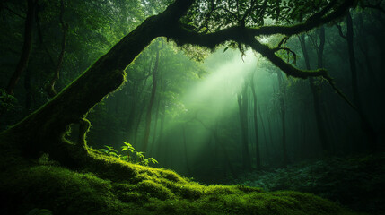 Wall Mural - Lichtdurchfluteter Wald mit sanften Schatten und üppigem Grün

