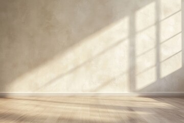 Poster - Soft sunlight streams through a window, creating shadows on a textured wall and wooden floor in a calm indoor setting