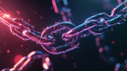 Poster - Close-up view of an industrial chain link glowing in neon lights with a dark background