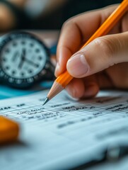 Aufkleber - Exam Focus Students Hand with Pencil Over Answer Sheet and Watch