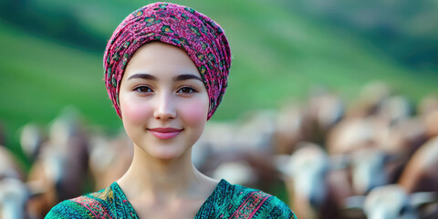 Beautiful young kazakh girl smiling, young woman in national traditional clothes dress on the background of nature landscape, copy space