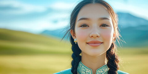 Beautiful young kazakh girl smiling, young woman in national traditional clothes dress on the background of nature landscape, copy space