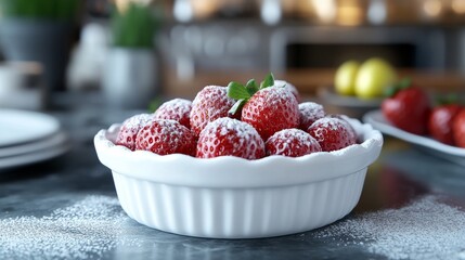 Sticker - A white bowl filled with fresh strawberries dusted with powdered sugar, placed on a textured surface with blurred kitchen background