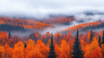 Wall Mural - Autumnal Forest Landscape Enveloped In Misty Clouds