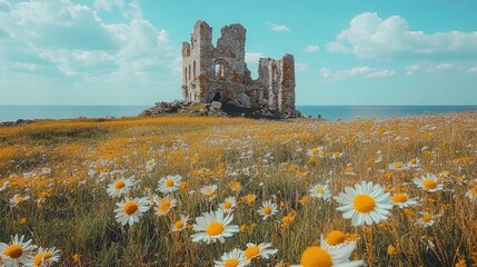 Wall Mural - Ruined Castle Overlooking a Field of Daisies and Ocean